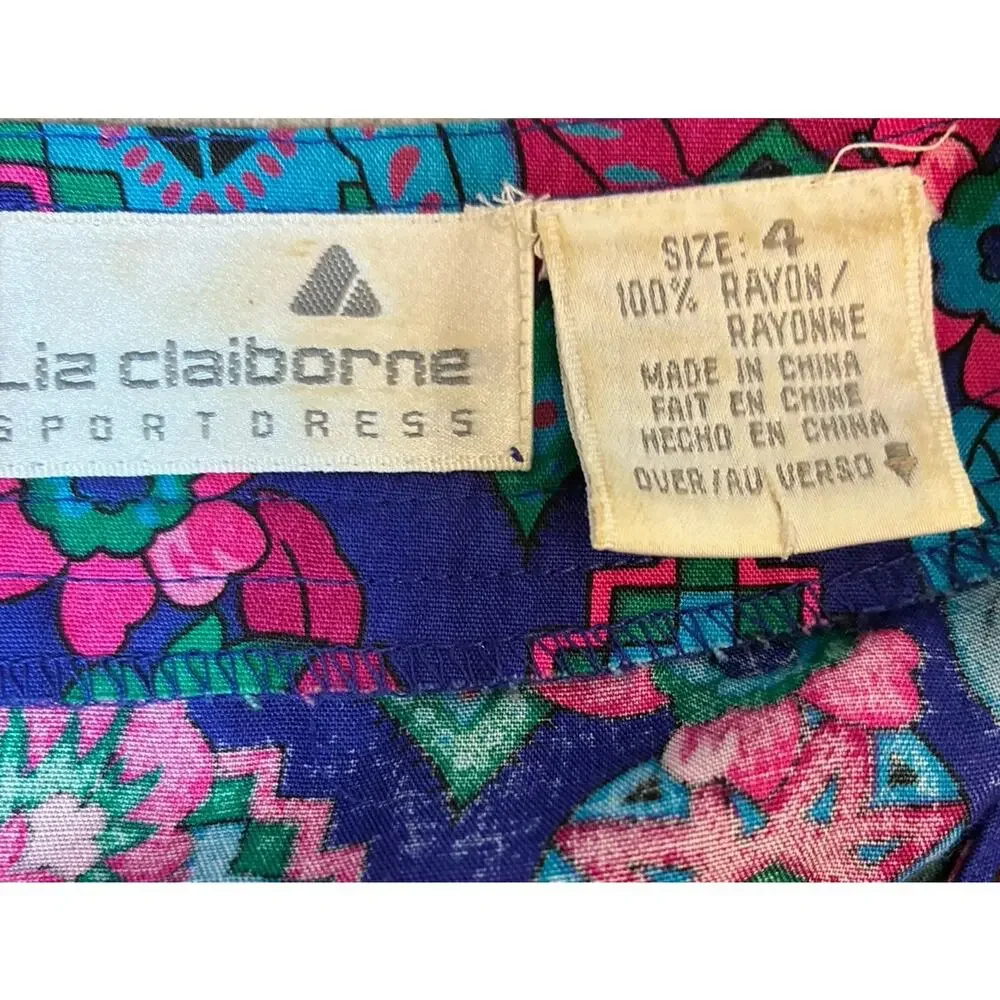 Vtg Liz Claiborne Sport Pleated Midi Skirt & Blouse Set Jewel Tone Floral Size 4
